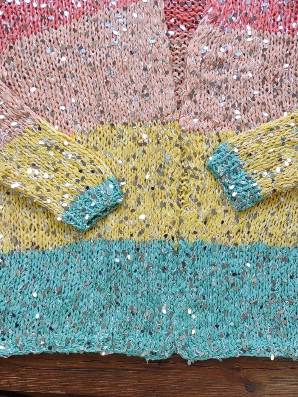 FARM Rio Brazil Sequin Cardigan Colorblock Stripe Boho *Flaws  Size G-Medium - Picture 9 of 16